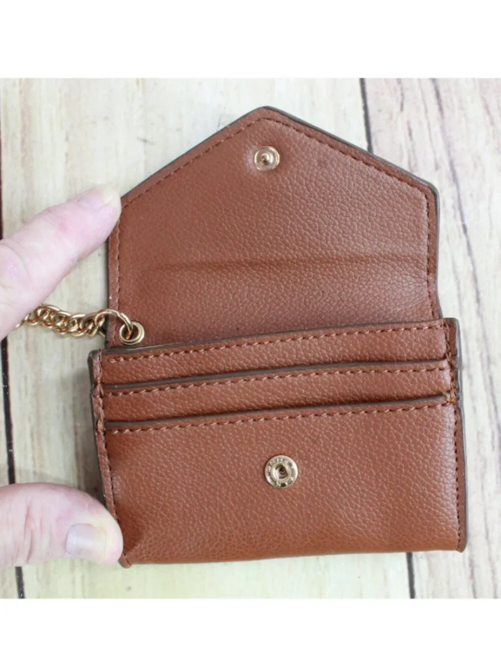Anne Klein Brown Pebbled Vegan Leather Mini Envelope Card Case with Gold Chain